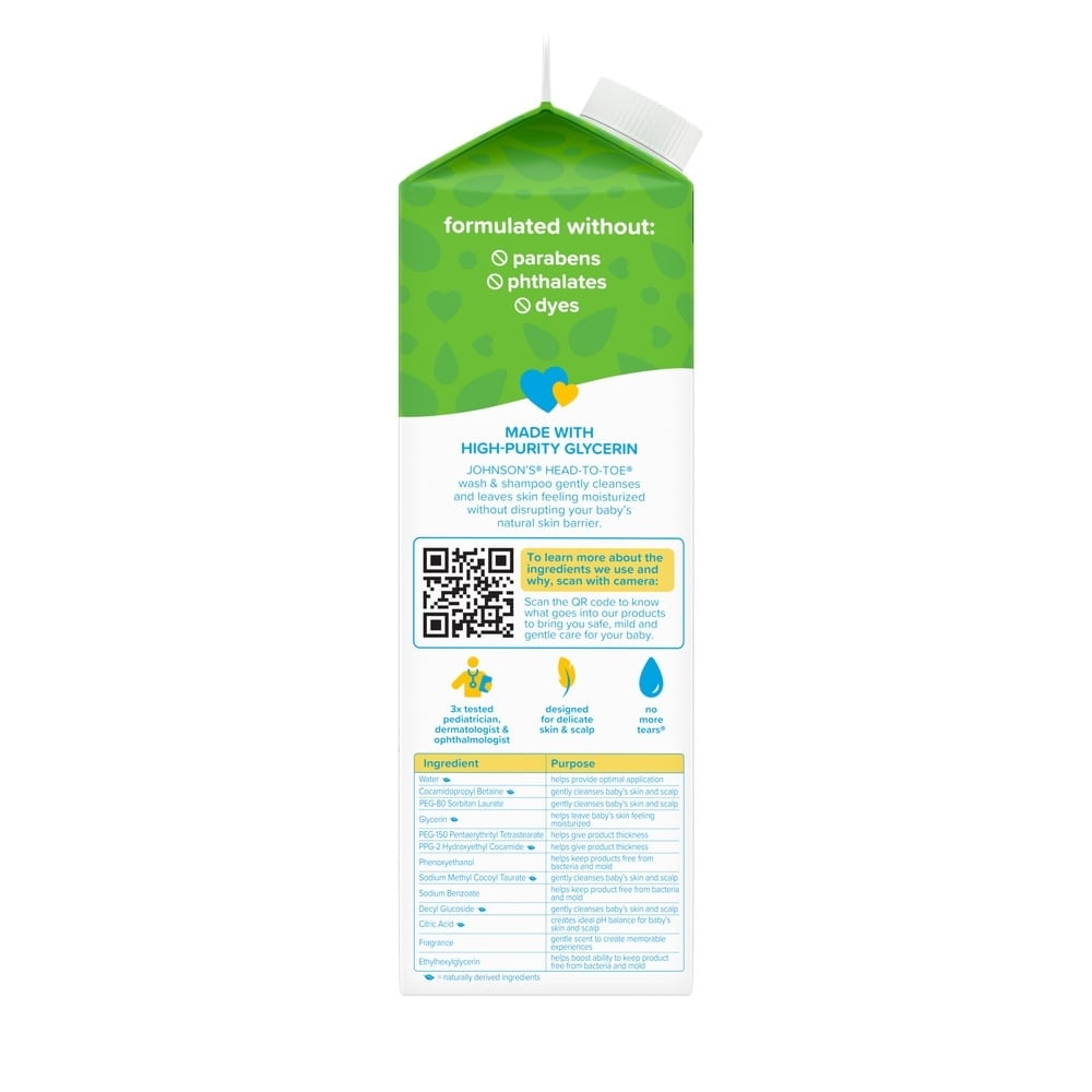 A carton of johnson's head-to-toe baby body wash & shampoo refill with qr code, ingredients and others