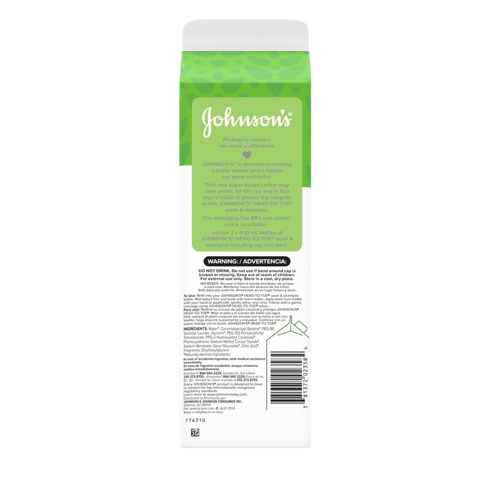 A carton of johnson's head-to-toe baby body wash & shampoo refill with warning, ingredients and others