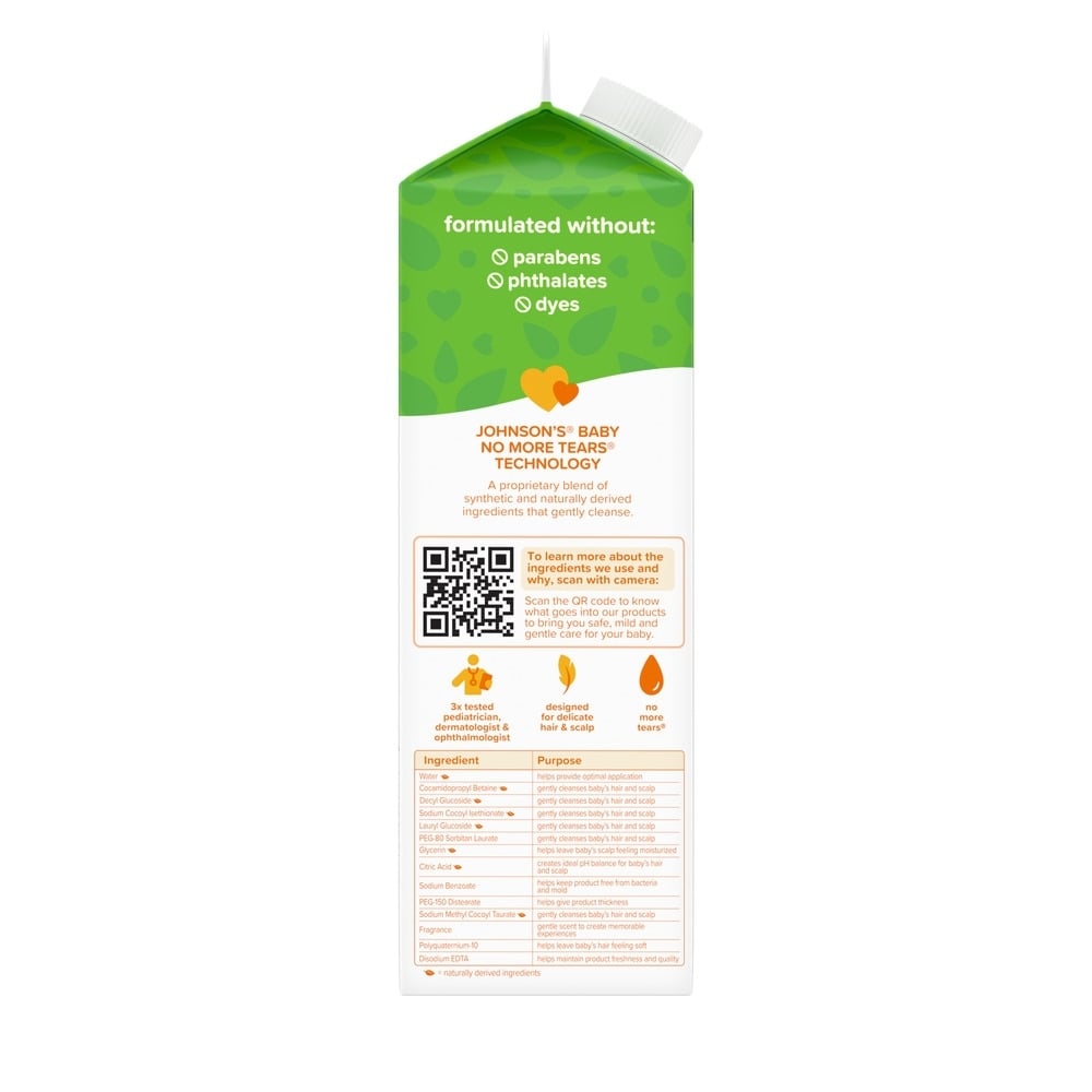 A carton of Johnson's baby shampoo refill with ingredients, QR code and other information