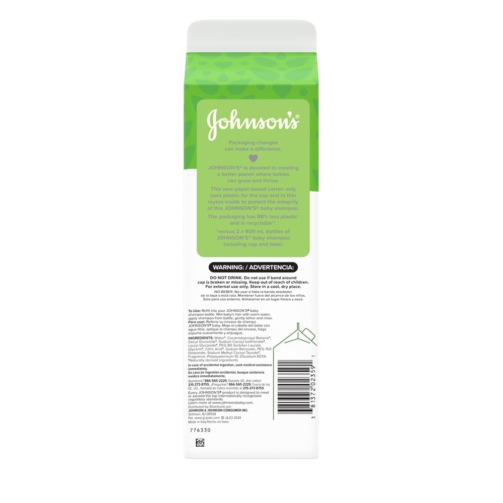 A carton of Johnson's baby shampoo refill with warning, ingredients and other information