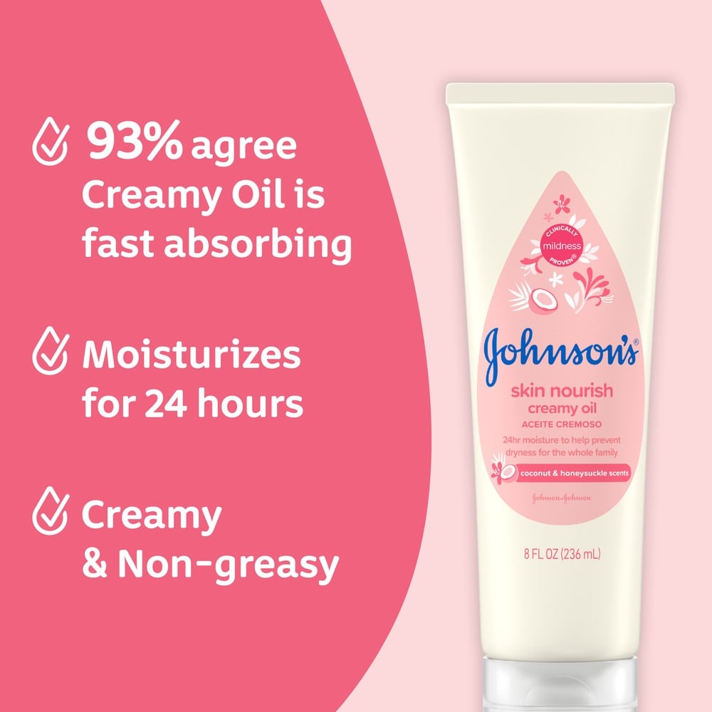 Johnson's Baby Creamy Oil is a fast-absorbing moisturizer that provides 24-hour hydration.