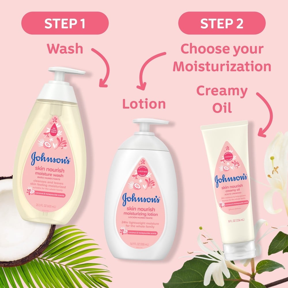 Wash and moisturize with Johnson's Baby skin nourish wash, moisturize lotion and oil