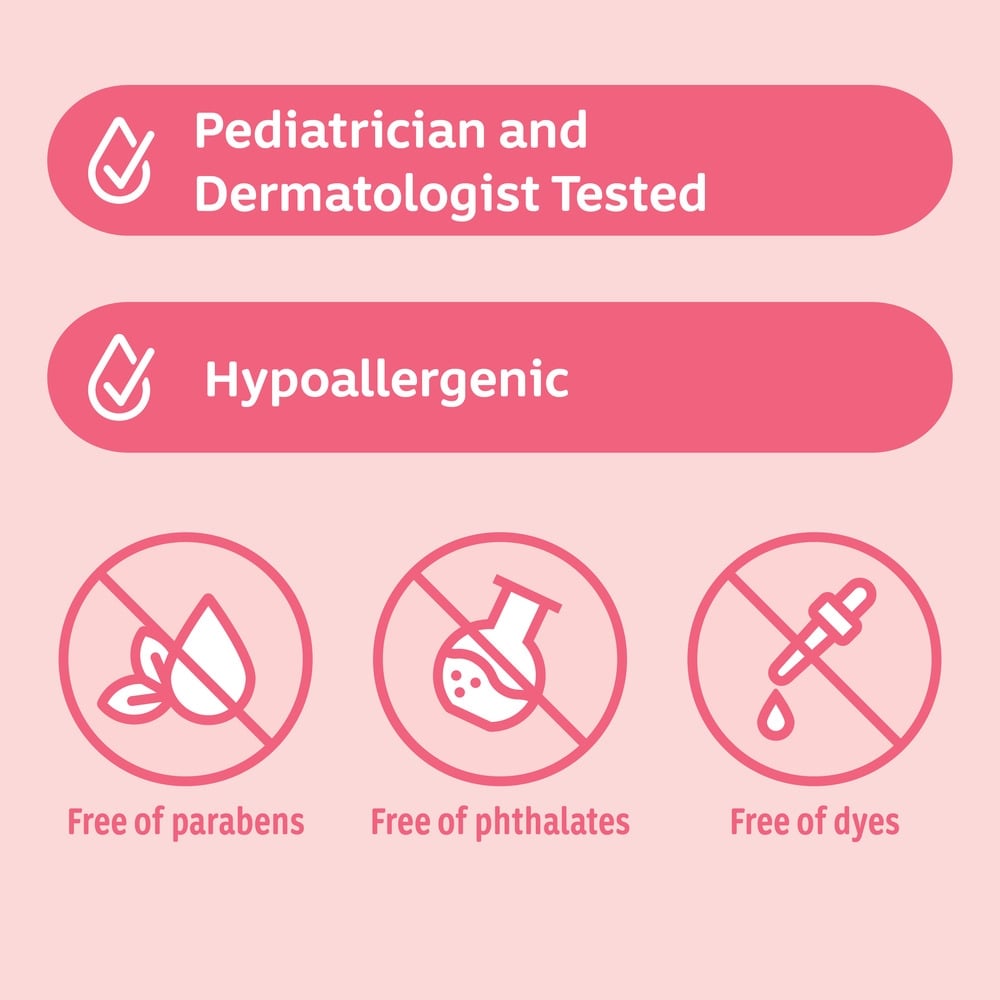 Pediatrician and Dermatologist recommended, hypoallergenic, free from parabens, sulfates, and dyes.